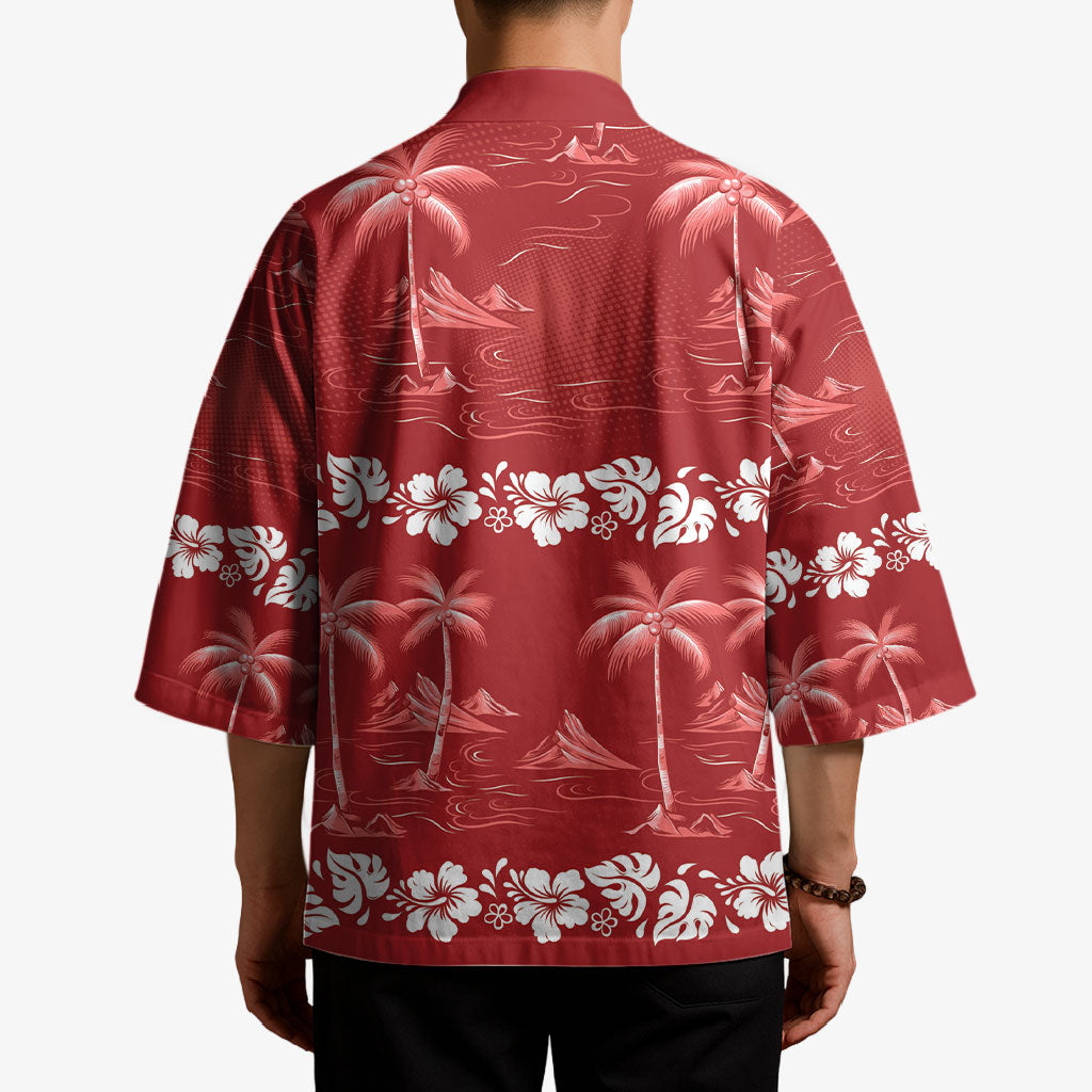 Red Hawaii Palm Tree Hibiscus Kimono Fantasy Summer Vibe LT01 - Polynesian Pride