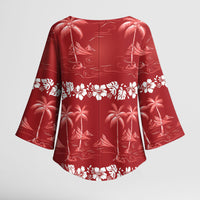 Red Hawaii Palm Tree Hibiscus Kimono Sleeve Blouse Fantasy Summer Vibe LT01 - Polynesian Pride