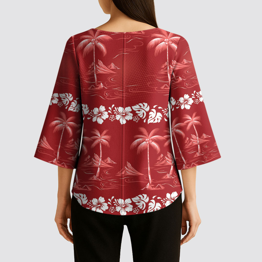 Red Hawaii Palm Tree Hibiscus Kimono Sleeve Blouse Fantasy Summer Vibe LT01 - Polynesian Pride