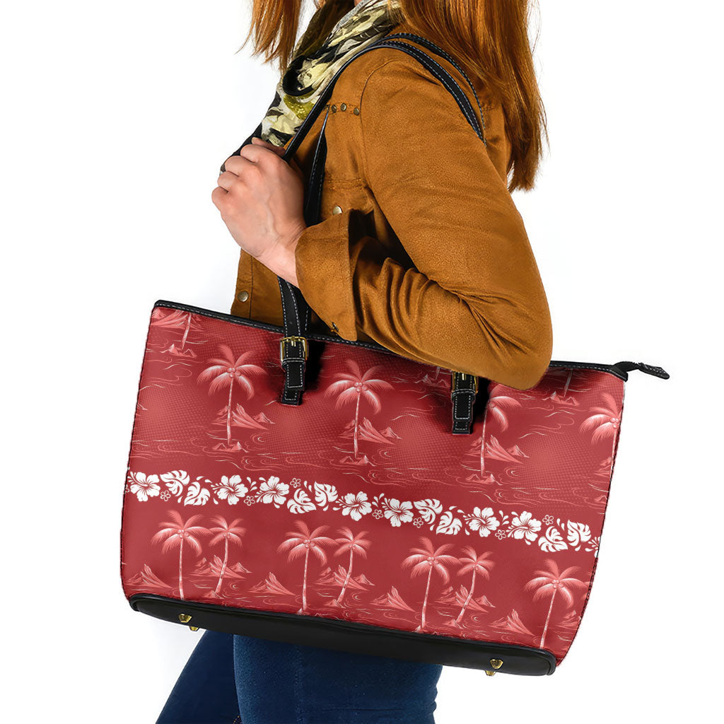 Red Hawaii Palm Tree Hibiscus Leather Tote Bag Fantasy Summer Vibe