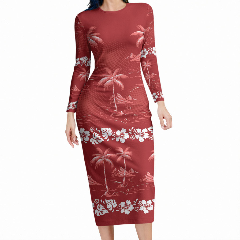 Red Hawaii Palm Tree Hibiscus Long Sleeve Bodycon Dress Fantasy Summer Vibe