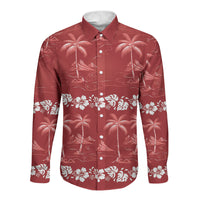 Red Hawaii Palm Tree Hibiscus Long Sleeve Button Shirt Fantasy Summer Vibe