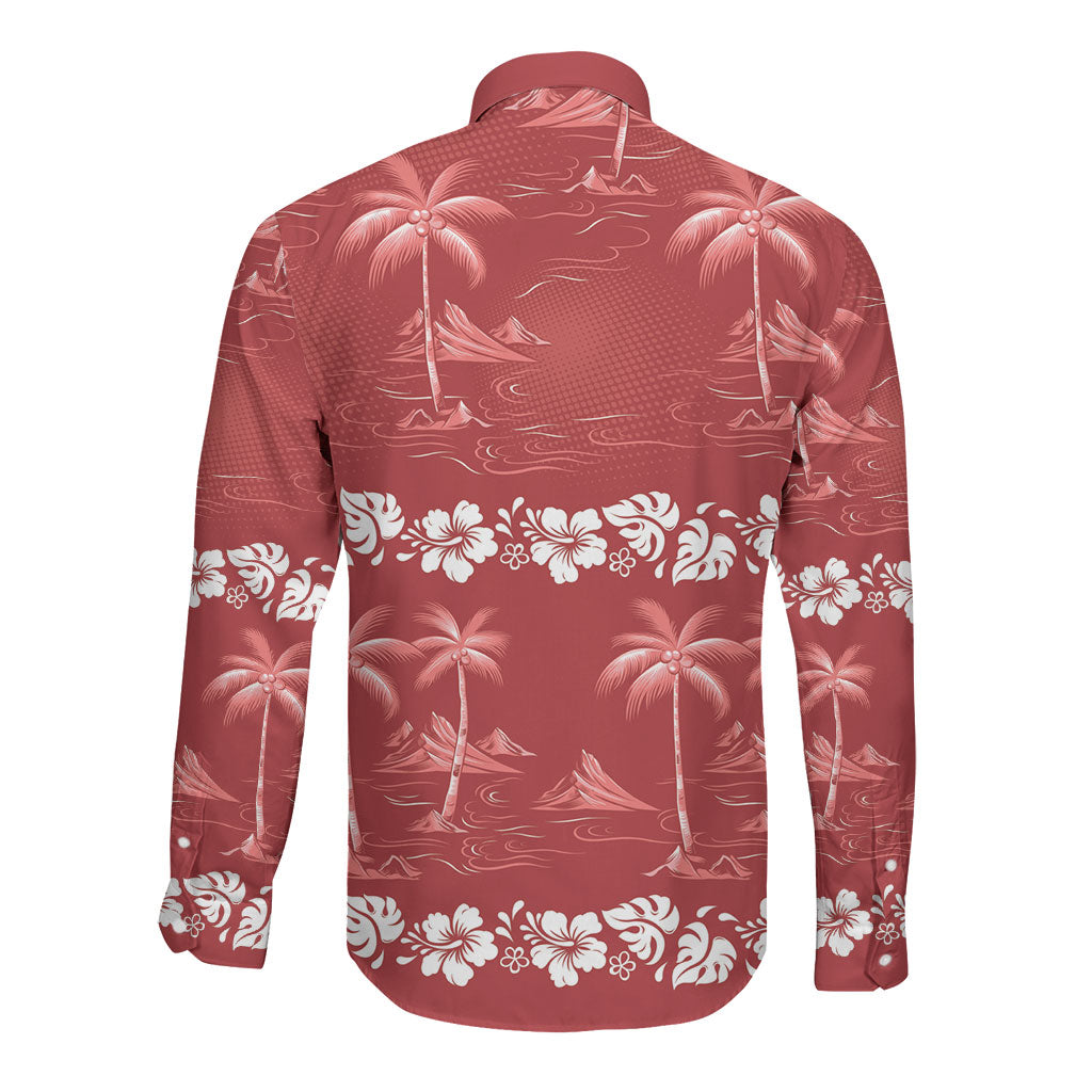 Red Hawaii Palm Tree Hibiscus Long Sleeve Button Shirt Fantasy Summer Vibe