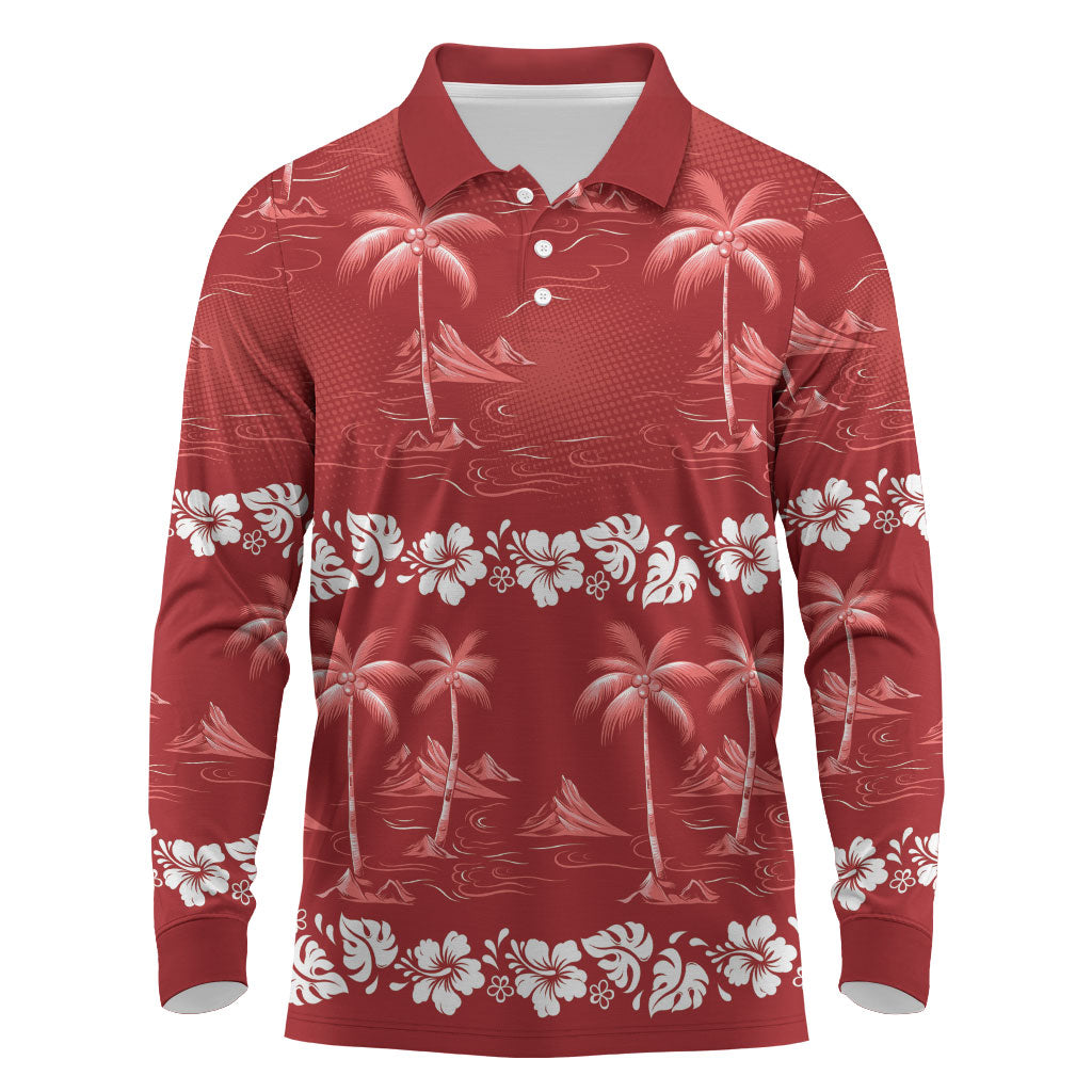 Red Hawaii Palm Tree Hibiscus Long Sleeve Polo Shirt Fantasy Summer Vibe