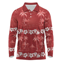 Red Hawaii Palm Tree Hibiscus Long Sleeve Polo Shirt Fantasy Summer Vibe LT01 Red - Polynesian Pride