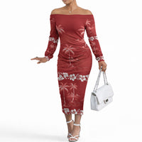 Red Hawaii Palm Tree Hibiscus Off The Shoulder Long Sleeve Dress Fantasy Summer Vibe