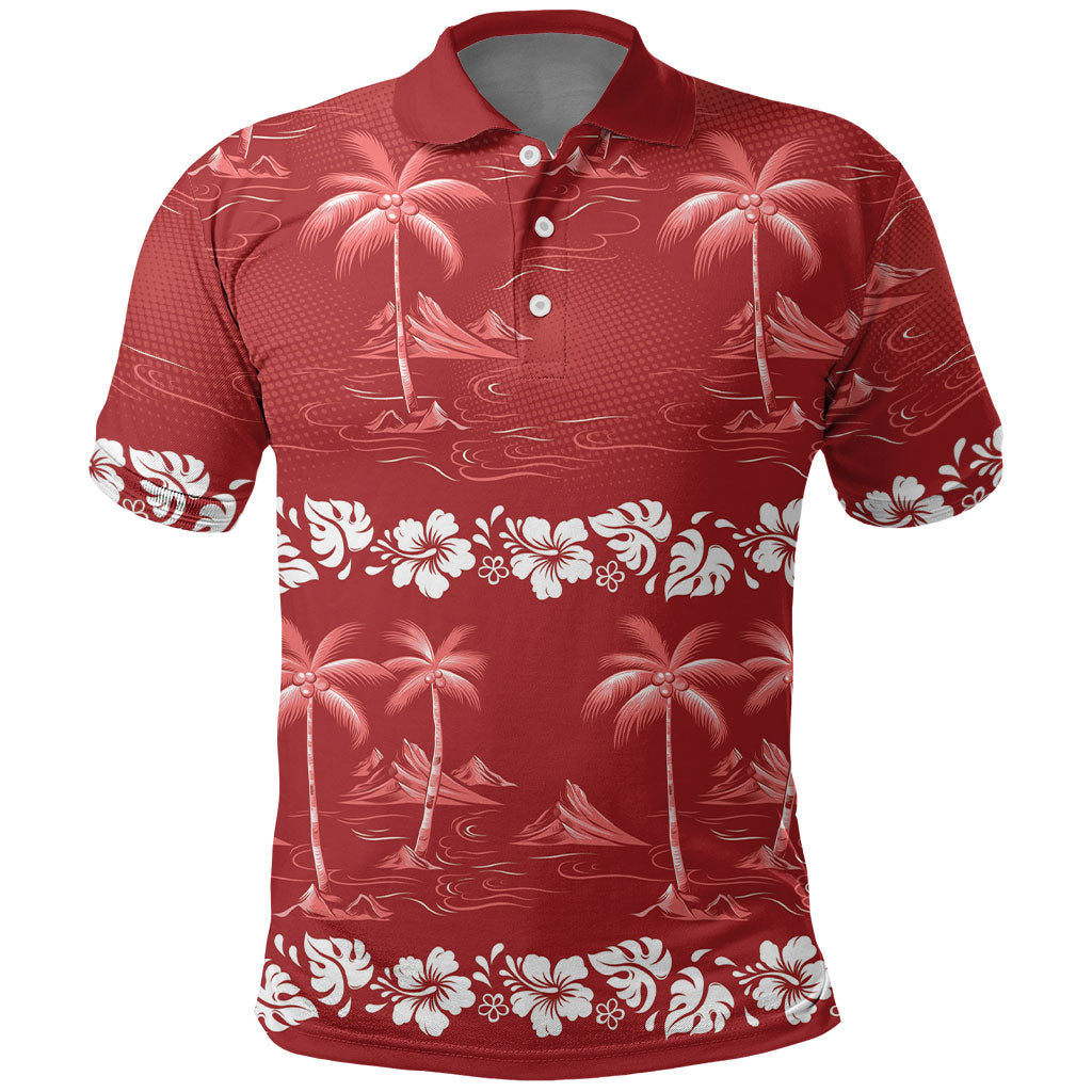 Red Hawaii Palm Tree Hibiscus Polo Shirt Fantasy Summer Vibe