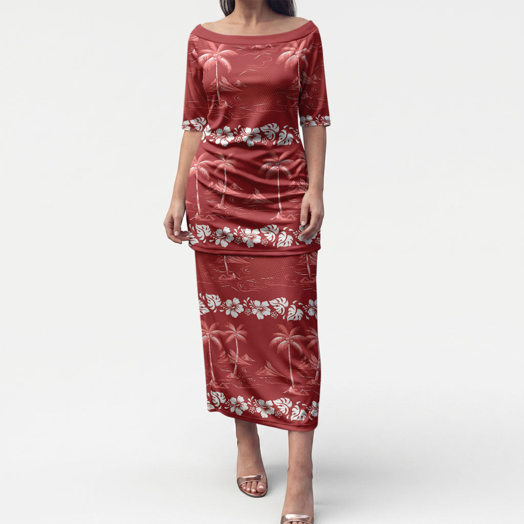 Red Hawaii Palm Tree Hibiscus Puletasi Fantasy Summer Vibe LT01 Long Dress Red - Polynesian Pride