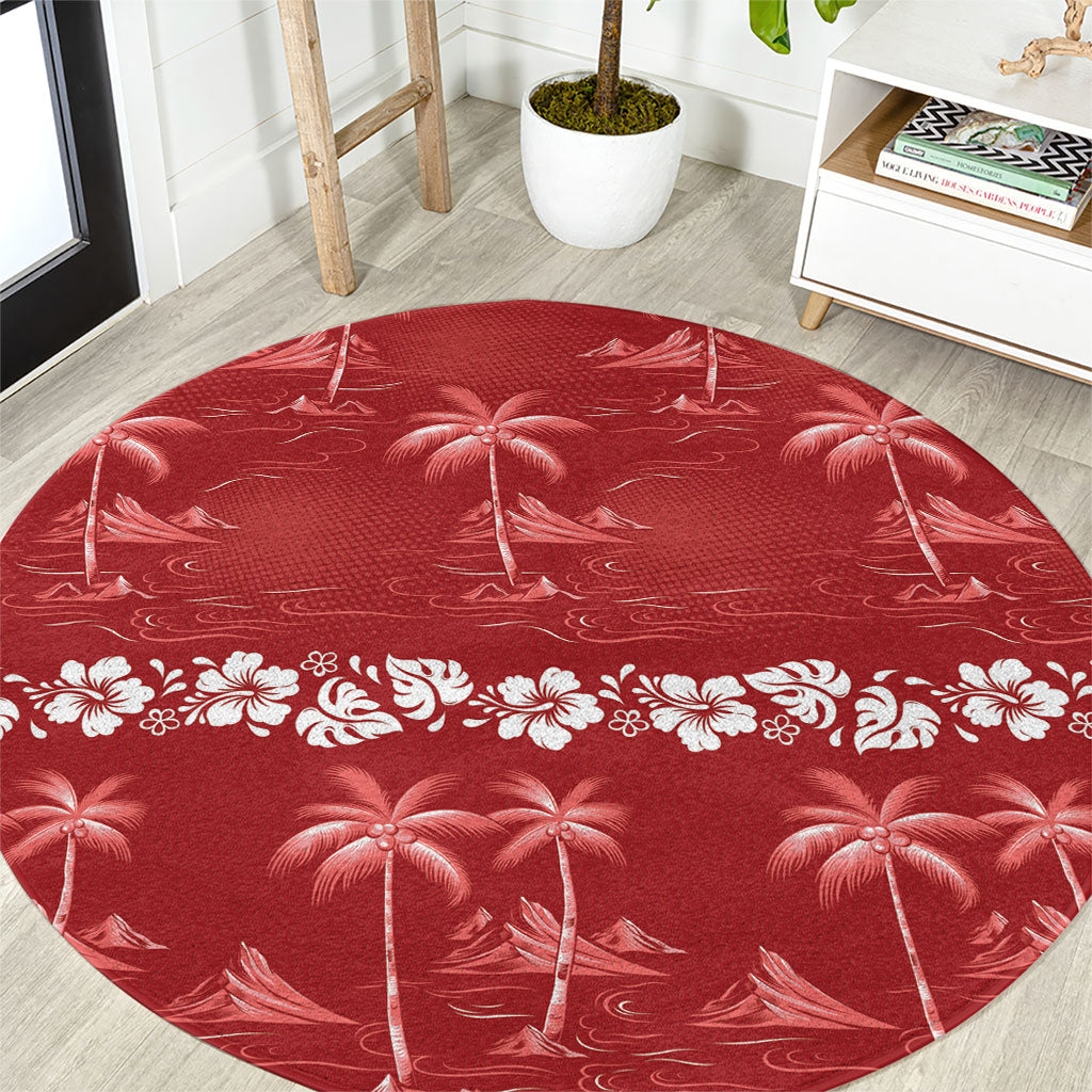 Red Hawaii Palm Tree Hibiscus Round Carpet Fantasy Summer Vibe LT01 Red - Polynesian Pride