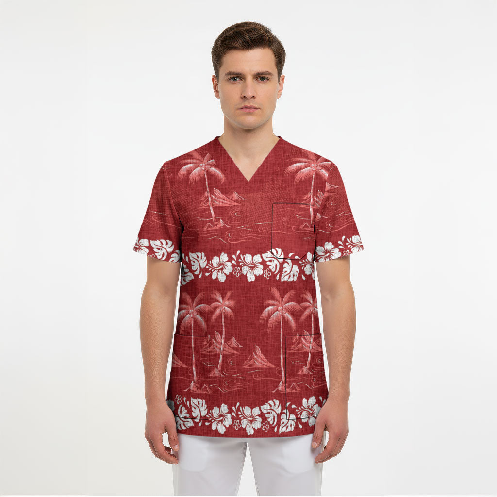 Red Hawaii Palm Tree Hibiscus Scrub Top Fantasy Summer Vibe LT01 - Polynesian Pride