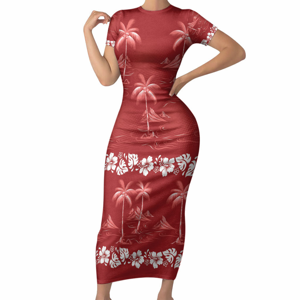 Red Hawaii Palm Tree Hibiscus Short Sleeve Bodycon Dress Fantasy Summer Vibe