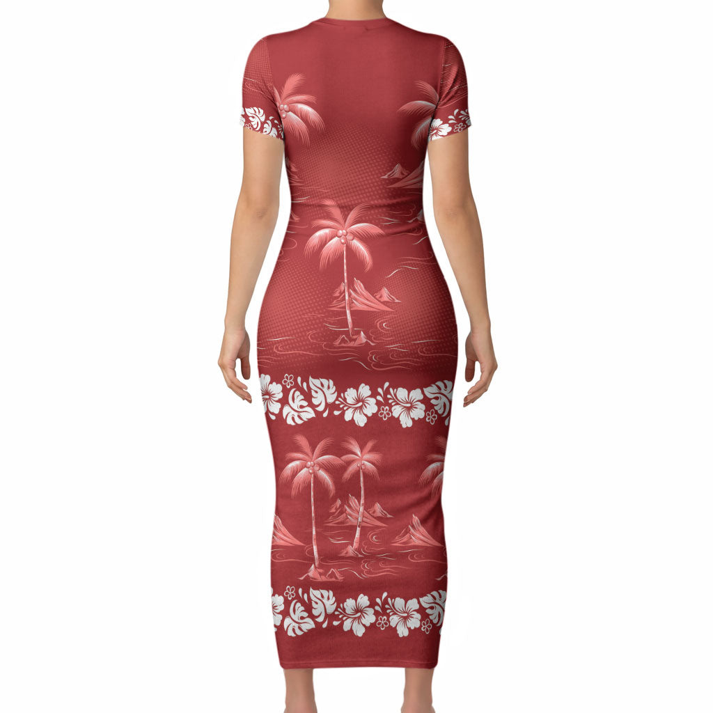 Red Hawaii Palm Tree Hibiscus Short Sleeve Bodycon Dress Fantasy Summer Vibe