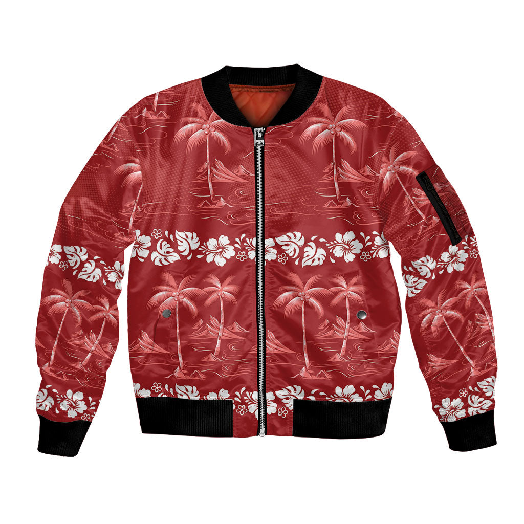 Red Hawaii Palm Tree Hibiscus Sleeve Zip Bomber Jacket Fantasy Summer Vibe