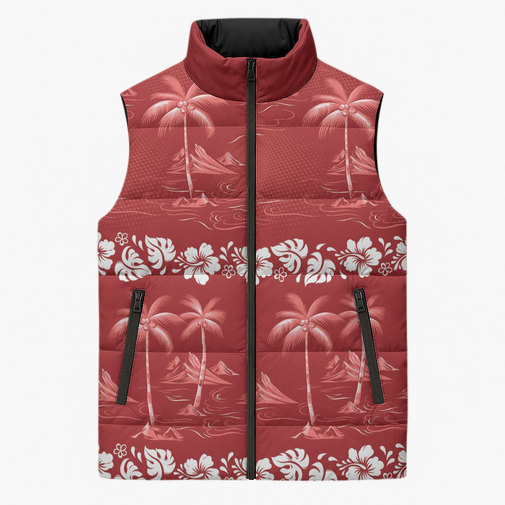 Red Hawaii Palm Tree Hibiscus Sleeveless Puffer Jacket Fantasy Summer Vibe