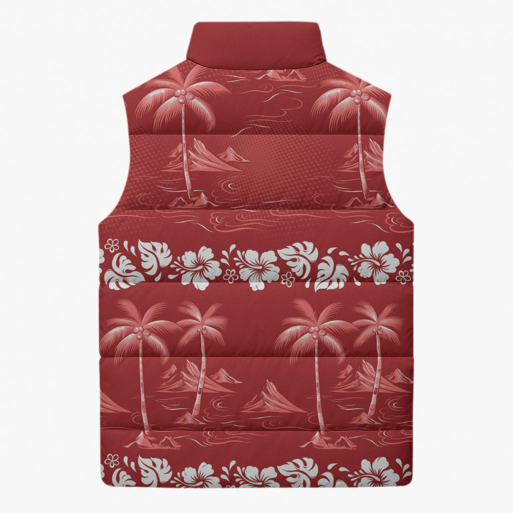 Red Hawaii Palm Tree Hibiscus Sleeveless Puffer Jacket Fantasy Summer Vibe