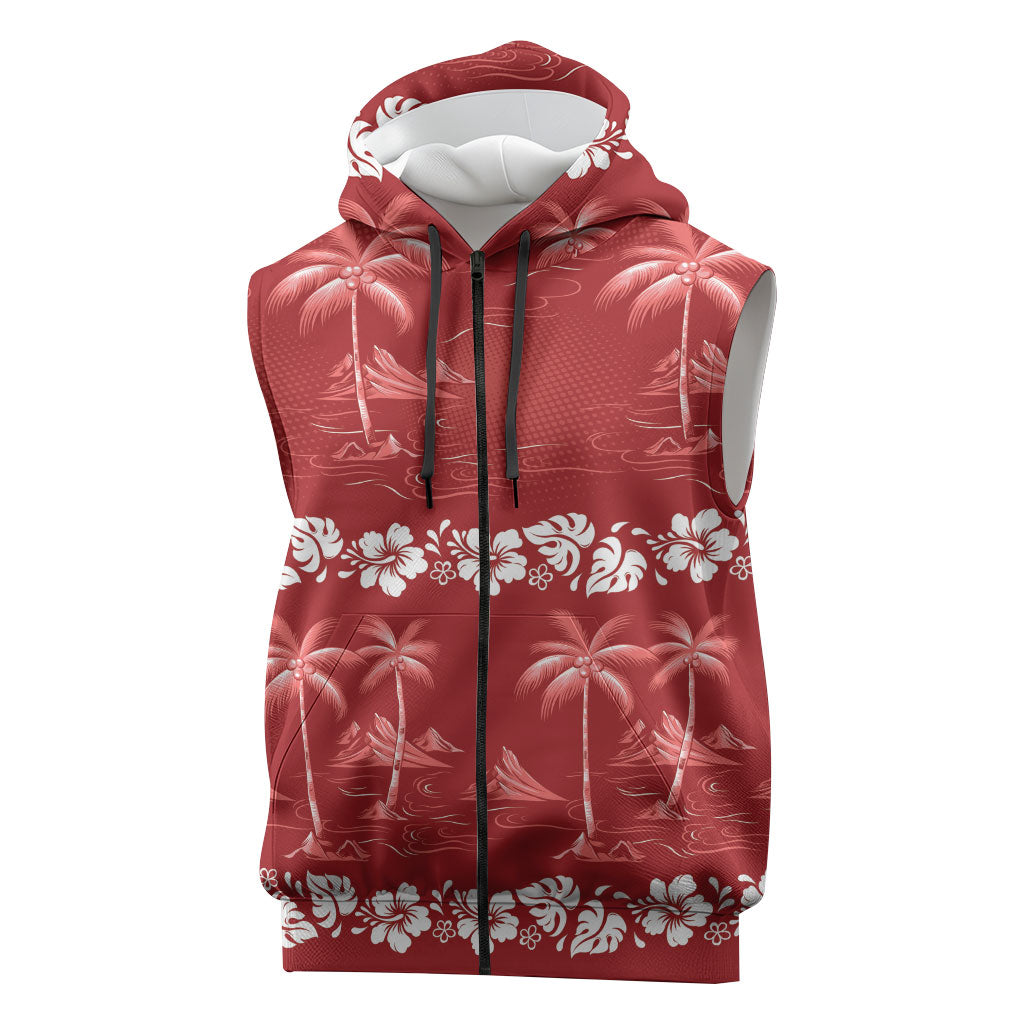 Red Hawaii Palm Tree Hibiscus Sleeveless Zip Hoodie Fantasy Summer Vibe LT01 Red - Polynesian Pride