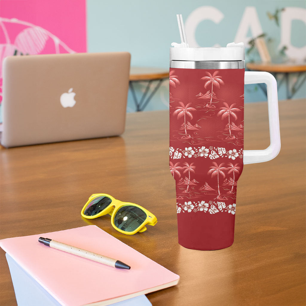 Red Hawaii Palm Tree Hibiscus Tumbler With Handle Fantasy Summer Vibe