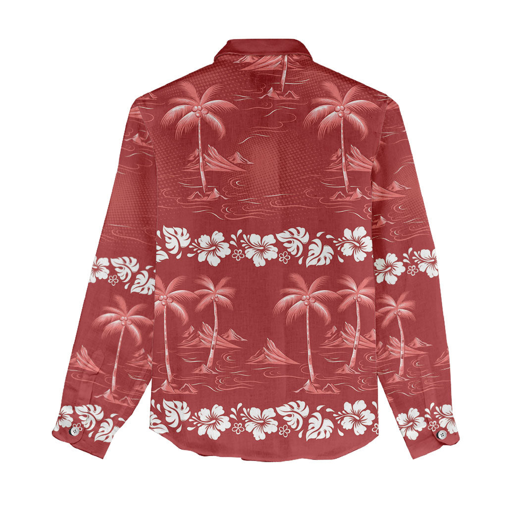Red Hawaii Palm Tree Hibiscus Women Casual Shirt Fantasy Summer Vibe