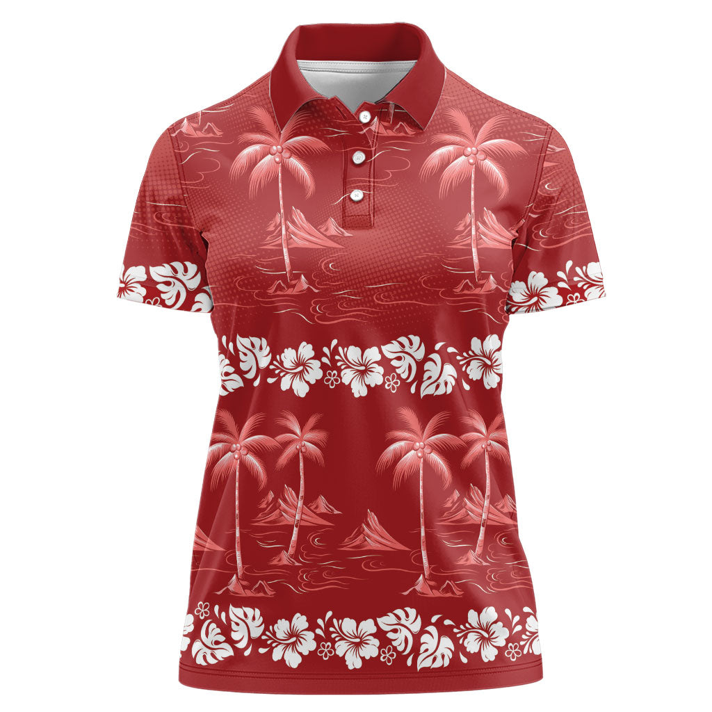 Red Hawaii Palm Tree Hibiscus Women Polo Shirt Fantasy Summer Vibe LT01 Female Red - Polynesian Pride