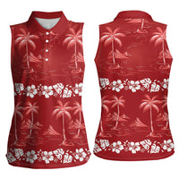 Red Hawaii Palm Tree Hibiscus Women Sleeveless Polo Shirt Fantasy Summer Vibe LT01 - Polynesian Pride