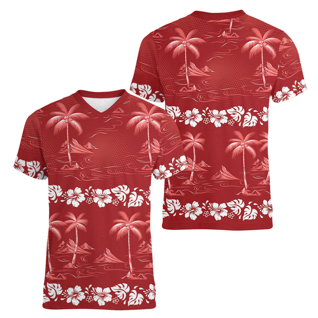 Red Hawaii Palm Tree Hibiscus Women V-Neck T-Shirt Fantasy Summer Vibe