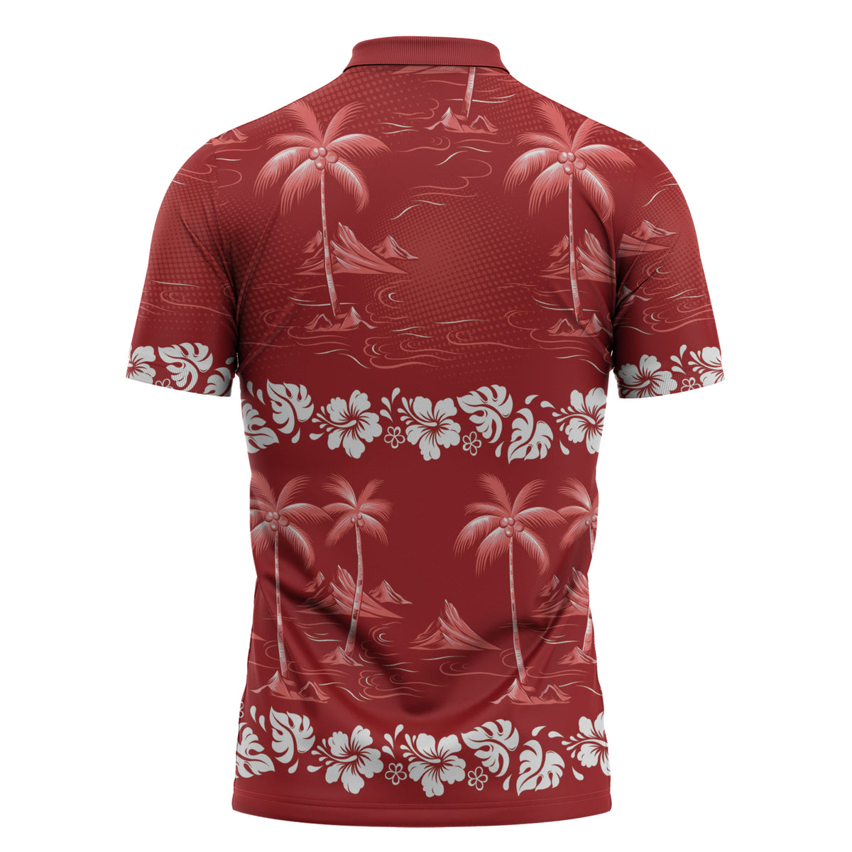Red Hawaii Palm Tree Hibiscus Zipper Polo Shirt Fantasy Summer Vibe