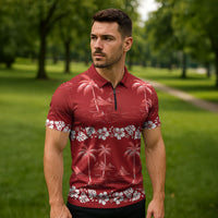 Red Hawaii Palm Tree Hibiscus Zipper Polo Shirt Fantasy Summer Vibe