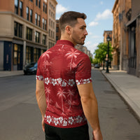 Red Hawaii Palm Tree Hibiscus Zipper Polo Shirt Fantasy Summer Vibe