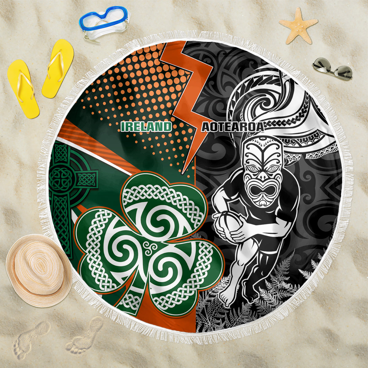 New Zealand and Ireland Rugby Beach Blanket Silver Fern With Shamrock 2023 World Cup LT01 One Size 150cm Art - Wonder Print Shop