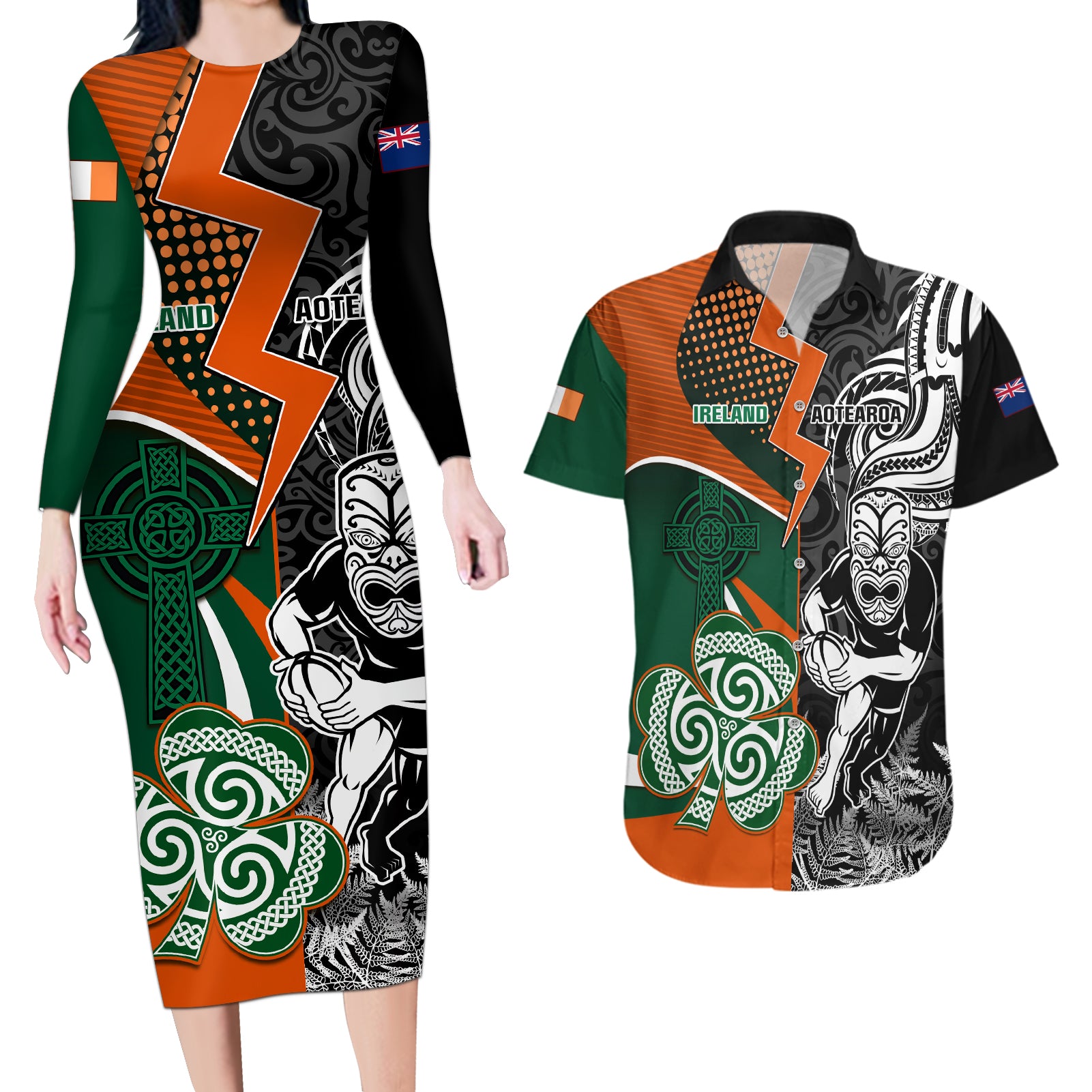 New Zealand and Ireland Rugby Couples Matching Long Sleeve Bodycon Dress and Hawaiian Shirt Silver Fern With Shamrock 2023 World Cup LT01 Art - Polynesian Pride