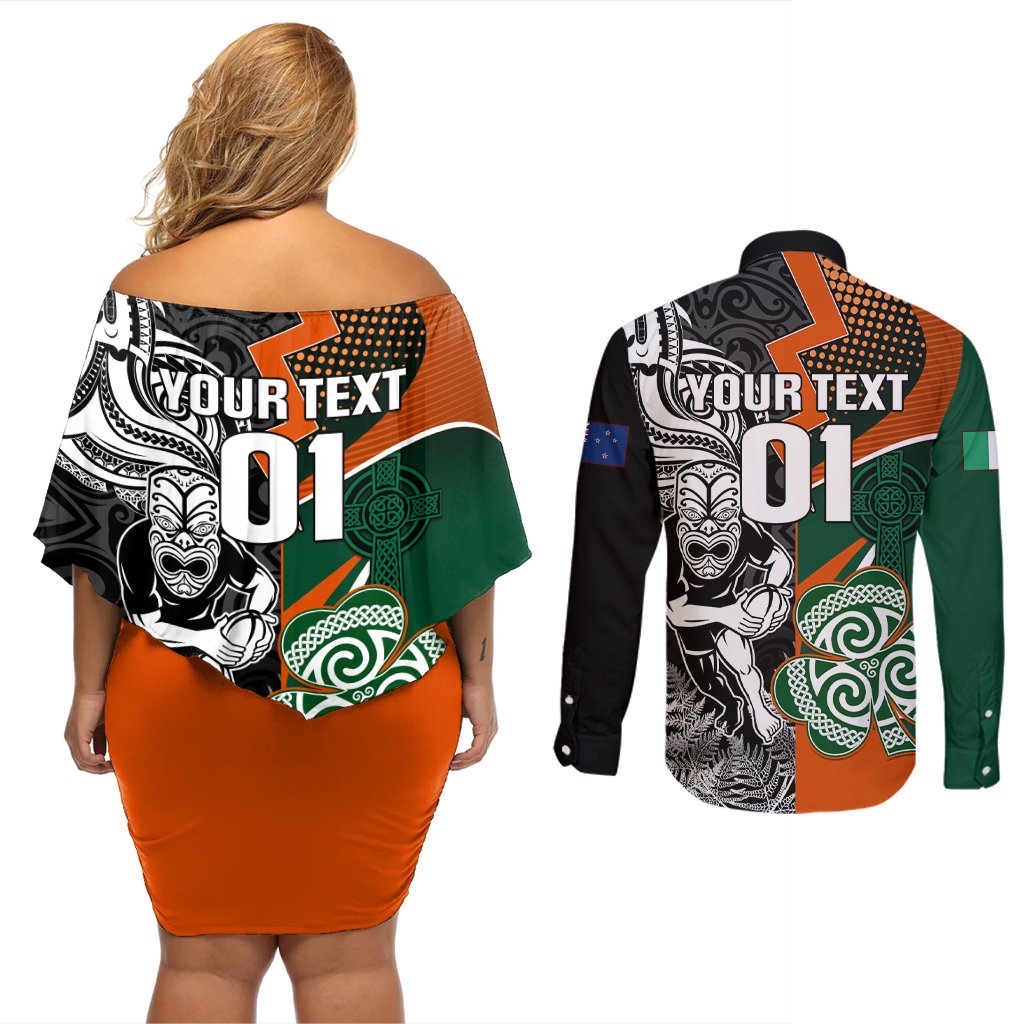 New Zealand and Ireland Rugby Couples Matching Off Shoulder Short Dress and Long Sleeve Button Shirts Silver Fern With Shamrock 2023 World Cup LT01 - Polynesian Pride