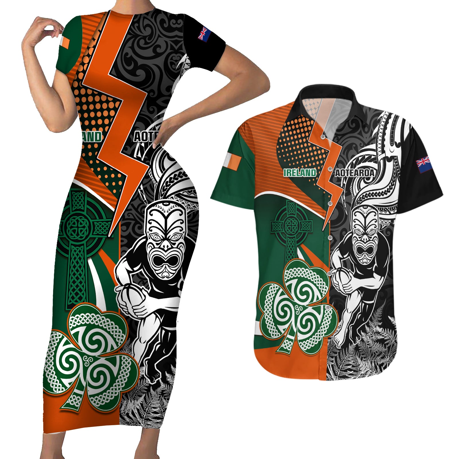 New Zealand and Ireland Rugby Couples Matching Short Sleeve Bodycon Dress and Hawaiian Shirt Silver Fern With Shamrock 2023 World Cup LT01 Art - Polynesian Pride