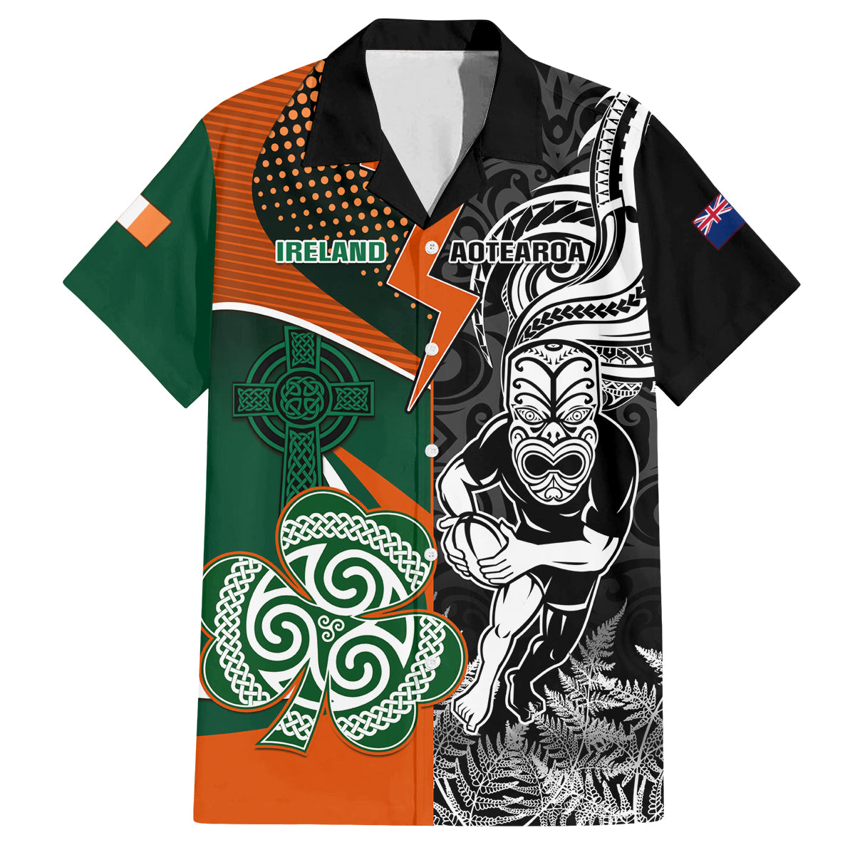 New Zealand and Ireland Rugby Family Matching Off Shoulder Maxi Dress and Hawaiian Shirt Silver Fern With Shamrock 2023 World Cup LT01 Dad's Shirt - Short Sleeve Art - Polynesian Pride
