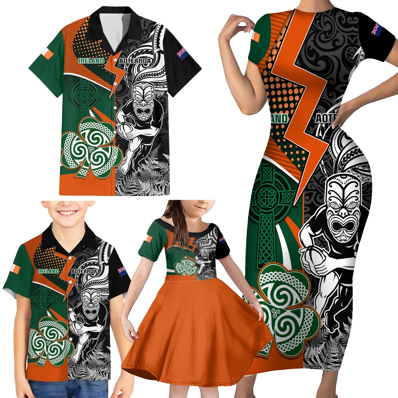 New Zealand and Ireland Rugby Family Matching Short Sleeve Bodycon Dress and Hawaiian Shirt Silver Fern With Shamrock 2023 World Cup LT01 - Polynesian Pride