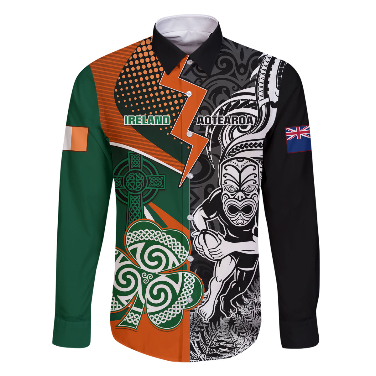 New Zealand and Ireland Rugby Family Matching Summer Maxi Dress and Hawaiian Shirt Silver Fern With Shamrock 2023 World Cup LT01 Dad's Shirt - Long Sleeve Art - Polynesian Pride