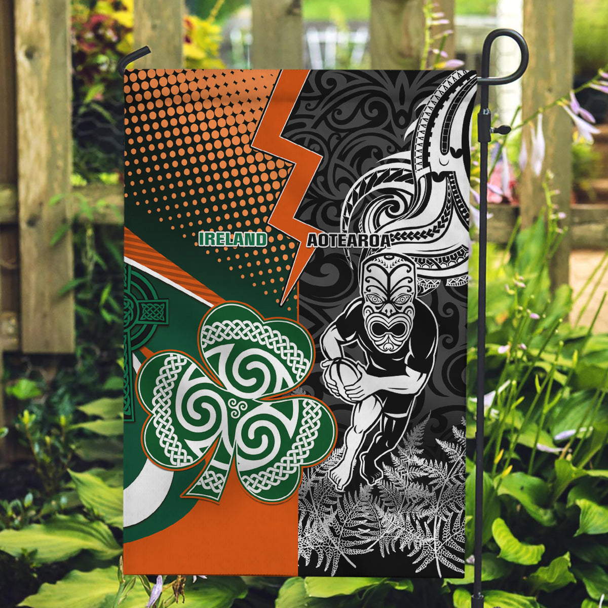 New Zealand and Ireland Rugby Garden Flag Silver Fern With Shamrock 2023 World Cup LT01 Garden Flag Art - Polynesian Pride