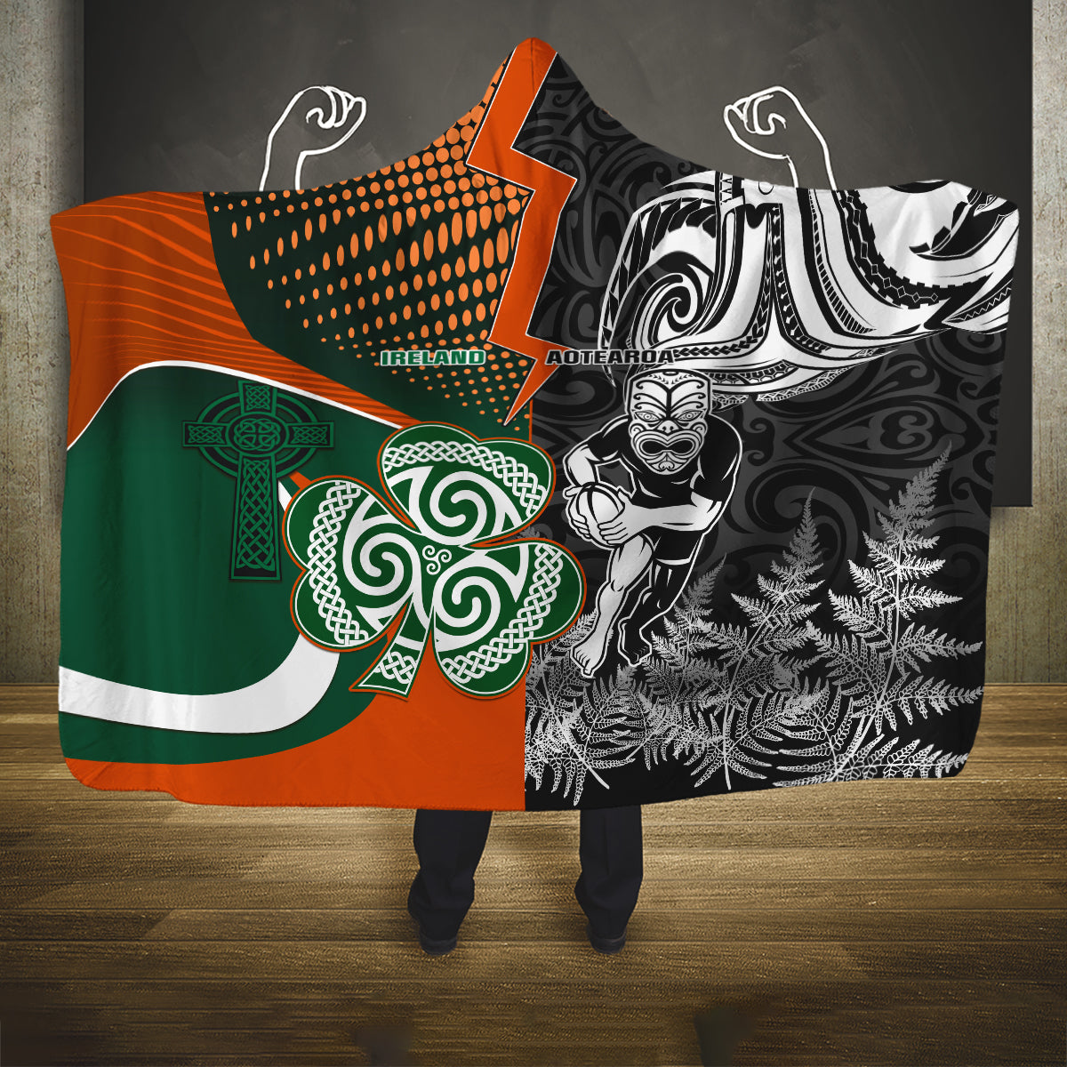 New Zealand and Ireland Rugby Hooded Blanket Silver Fern With Shamrock 2023 World Cup LT01 One Size Art - Polynesian Pride