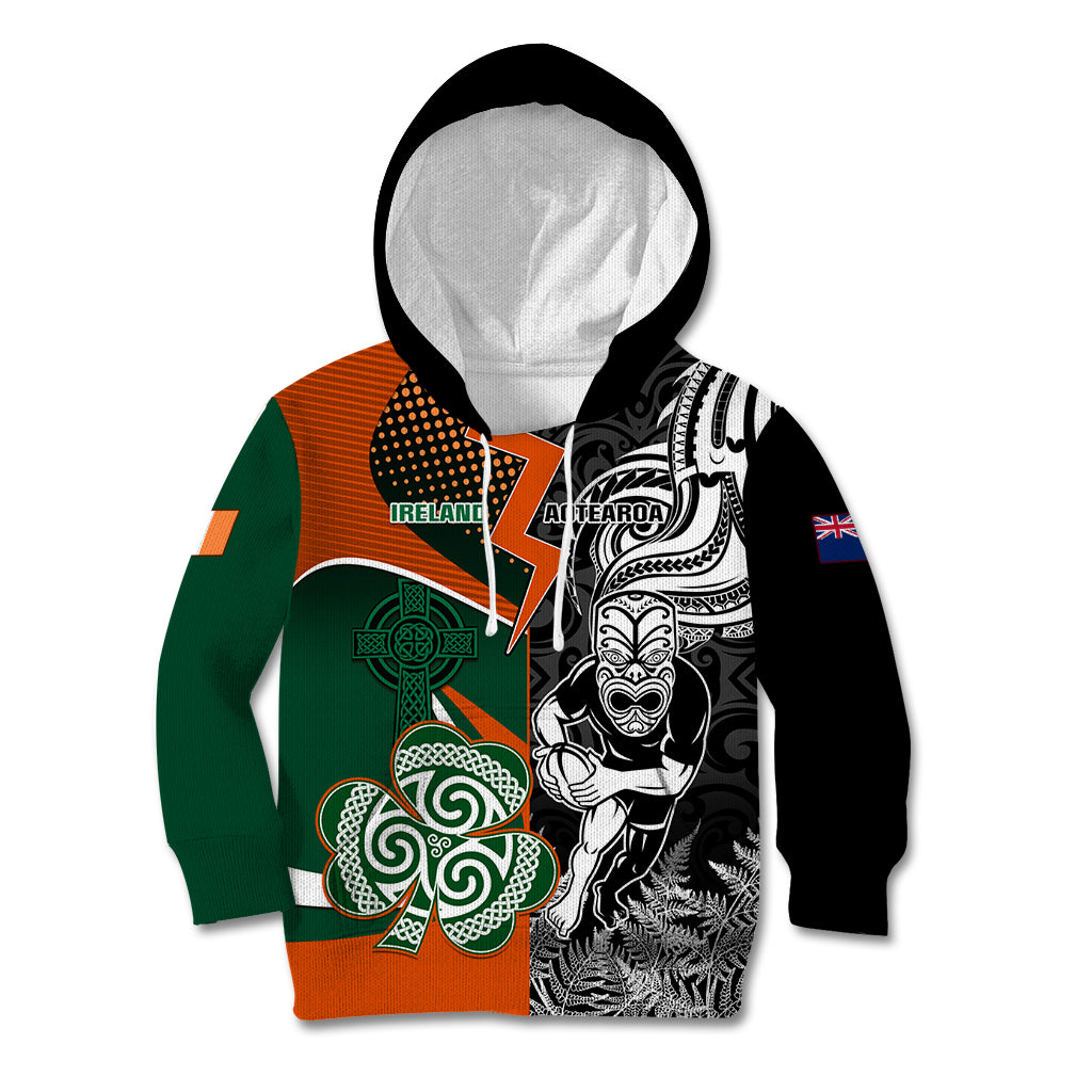 New Zealand and Ireland Rugby Kid Hoodie Silver Fern With Shamrock 2023 World Cup LT01 Hoodie Art - Polynesian Pride