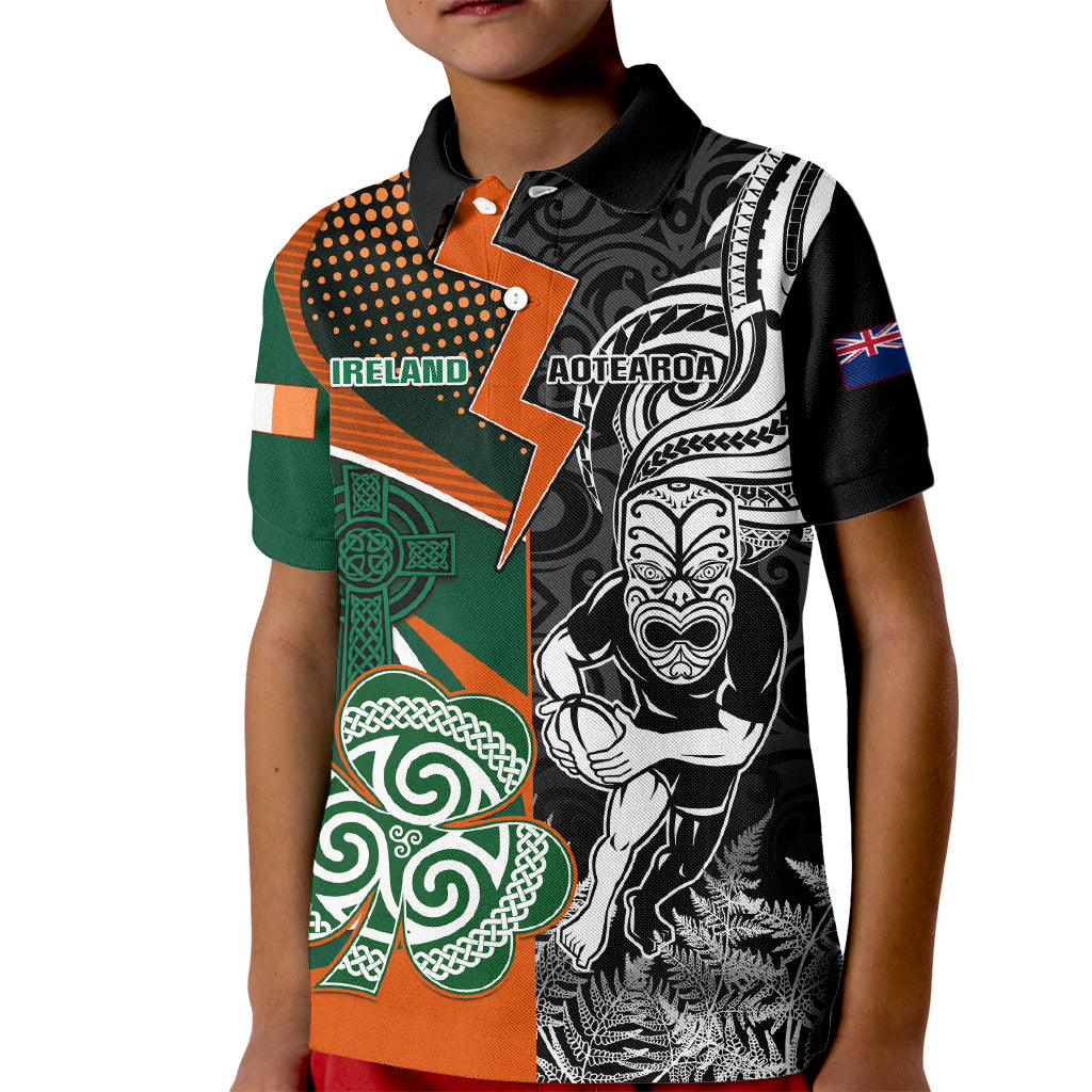 New Zealand and Ireland Rugby Kid Polo Shirt Silver Fern With Shamrock 2023 World Cup LT01 Kid Art - Polynesian Pride