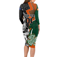 New Zealand and Ireland Rugby Long Sleeve Bodycon Dress Silver Fern With Shamrock 2023 World Cup LT01 - Polynesian Pride