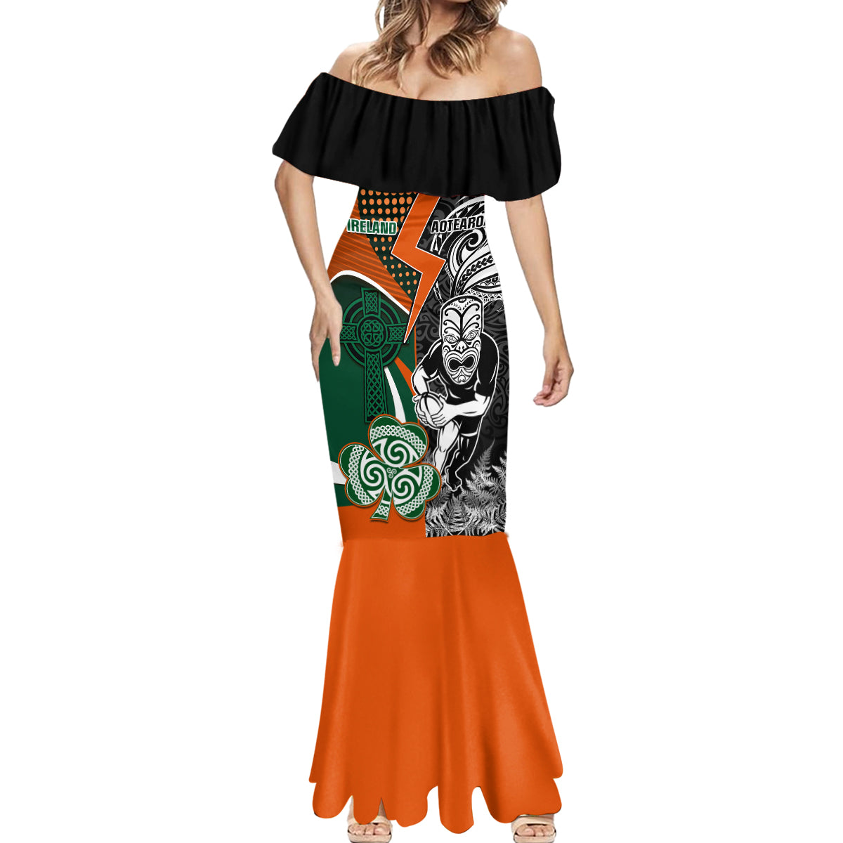 New Zealand and Ireland Rugby Mermaid Dress Silver Fern With Shamrock 2023 World Cup LT01 - Polynesian Pride