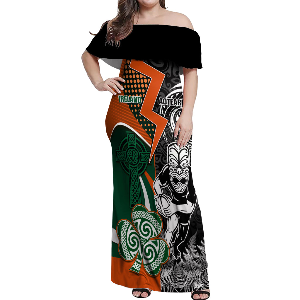 New Zealand and Ireland Rugby Off Shoulder Maxi Dress Silver Fern With Shamrock 2023 World Cup LT01 Women Art - Polynesian Pride