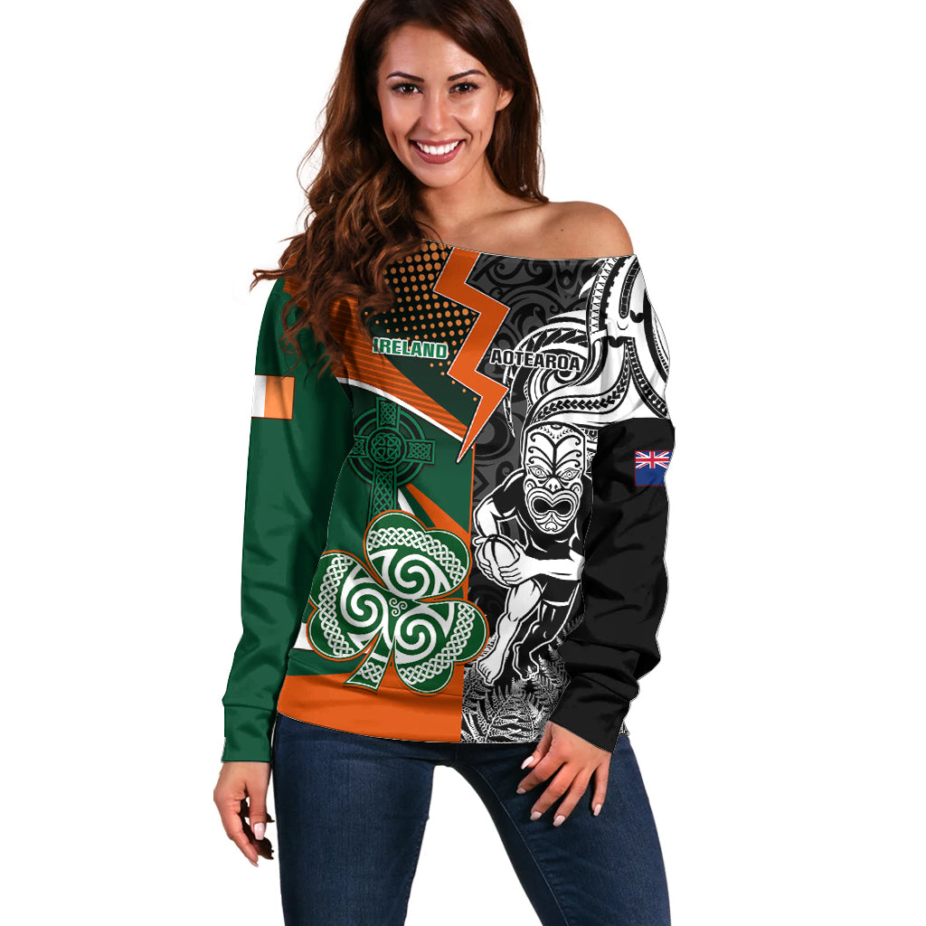 New Zealand and Ireland Rugby Off Shoulder Sweater Silver Fern With Shamrock 2023 World Cup LT01 Women Art - Polynesian Pride