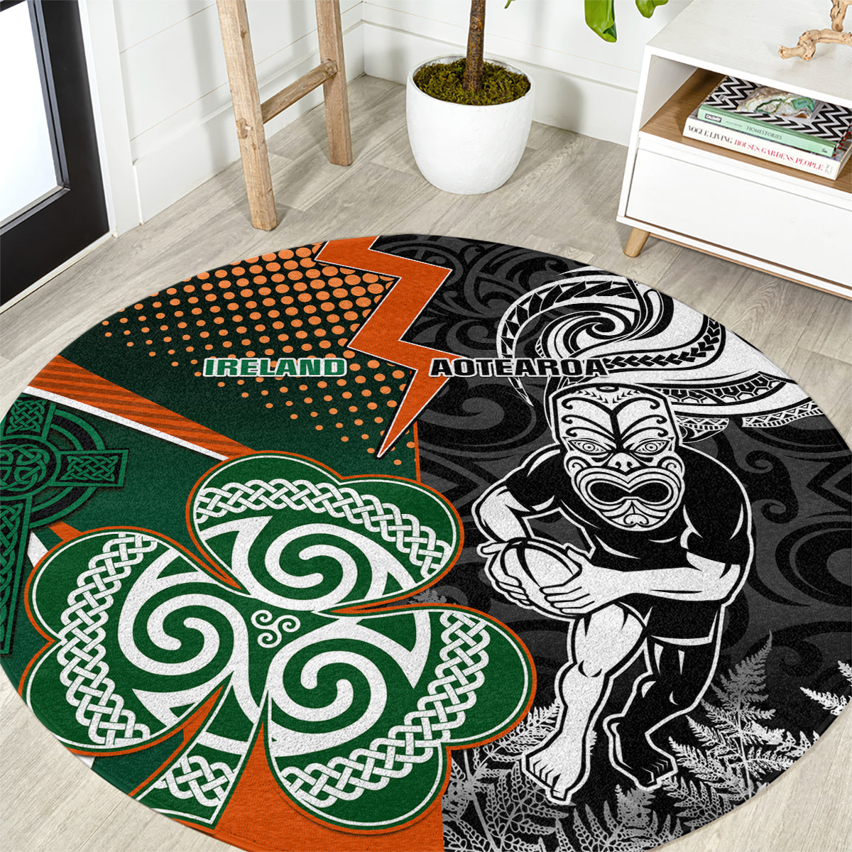 New Zealand and Ireland Rugby Round Carpet Silver Fern With Shamrock 2023 World Cup LT01 Art - Polynesian Pride