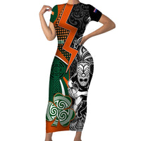 New Zealand and Ireland Rugby Short Sleeve Bodycon Dress Silver Fern With Shamrock 2023 World Cup LT01 Long Dress Art - Polynesian Pride