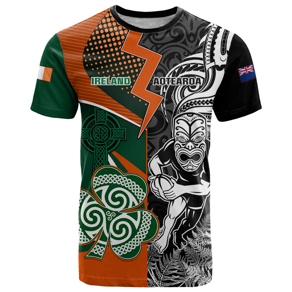 New Zealand and Ireland Rugby T Shirt Silver Fern With Shamrock 2023 World Cup LT01 Art - Polynesian Pride