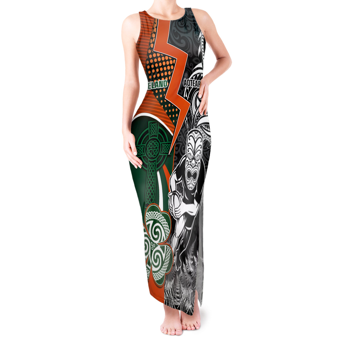 New Zealand and Ireland Rugby Tank Maxi Dress Silver Fern With Shamrock 2023 World Cup LT01 Women Art - Polynesian Pride