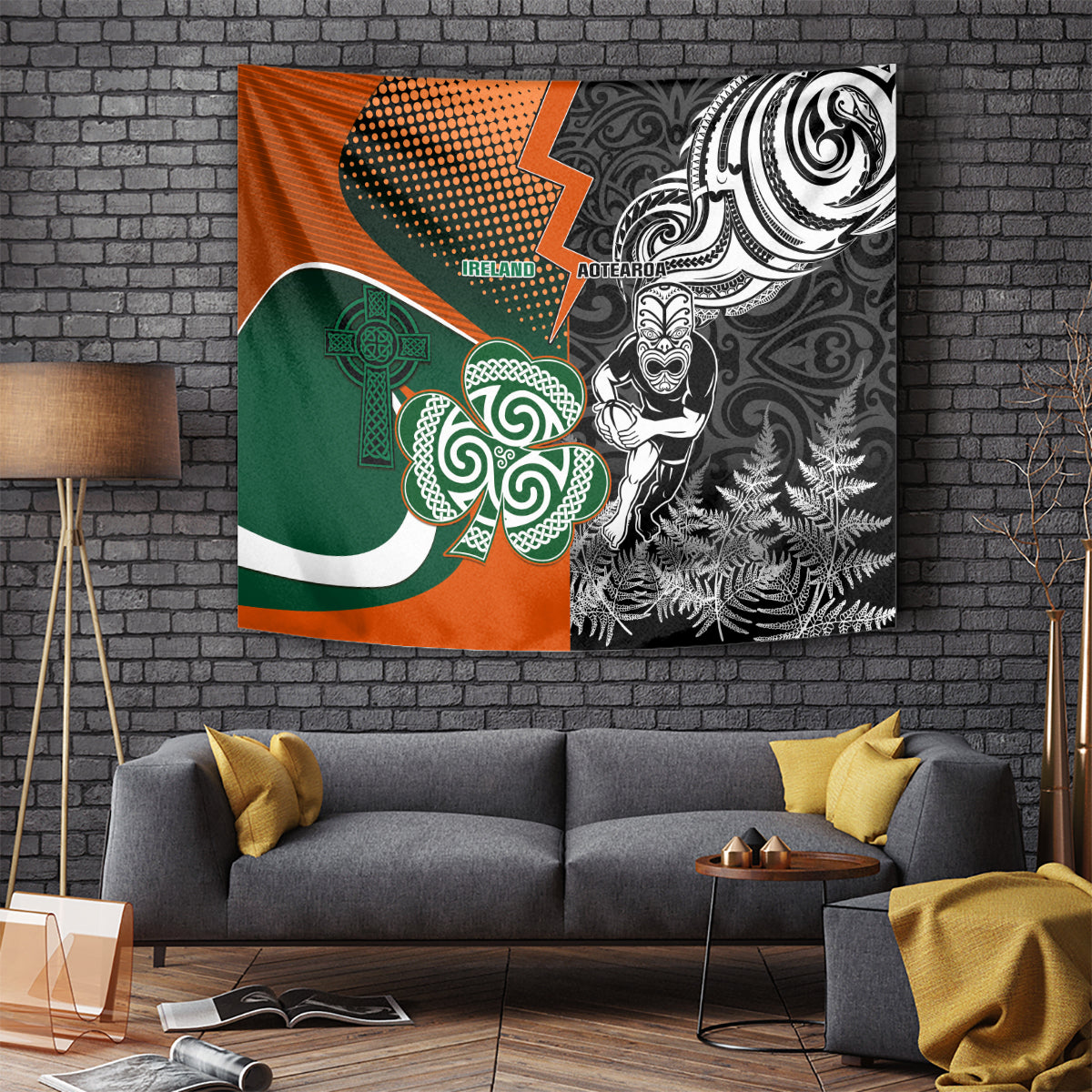 New Zealand and Ireland Rugby Tapestry Silver Fern With Shamrock 2023 World Cup LT01 Art - Polynesian Pride