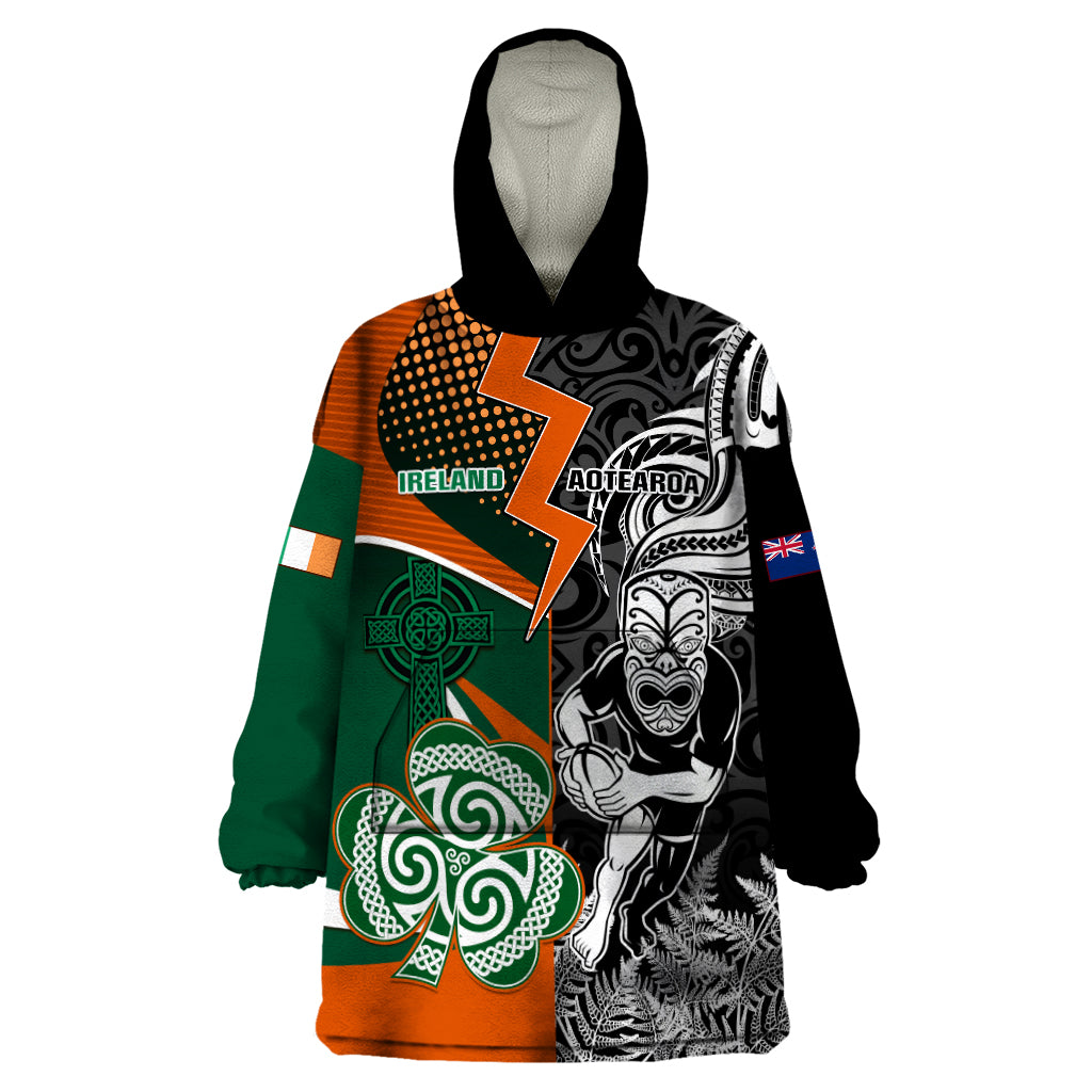 New Zealand and Ireland Rugby Wearable Blanket Hoodie Silver Fern With Shamrock 2023 World Cup LT01 One Size Art - Polynesian Pride