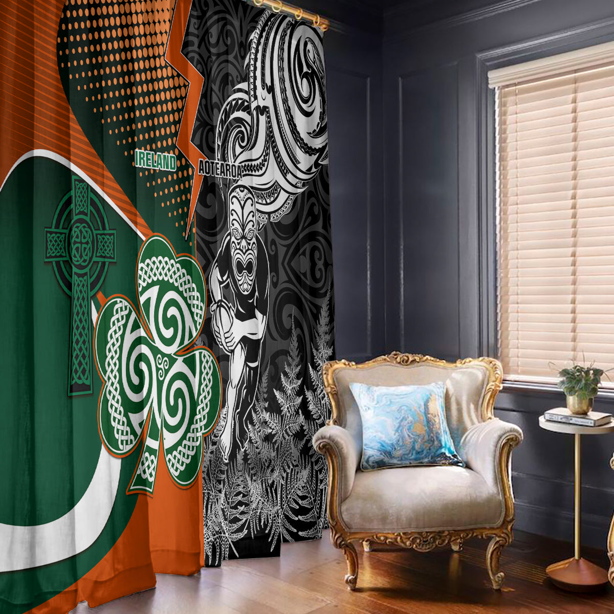 New Zealand and Ireland Rugby Window Curtain Silver Fern With Shamrock 2023 World Cup LT01 With Hooks Art - Polynesian Pride